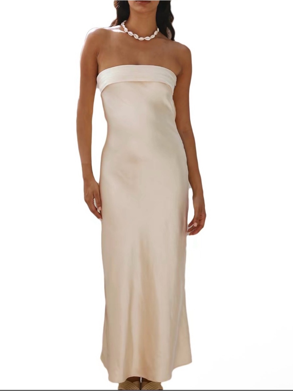Champagne Strapless Satin Silk Backless Dress, Size XS